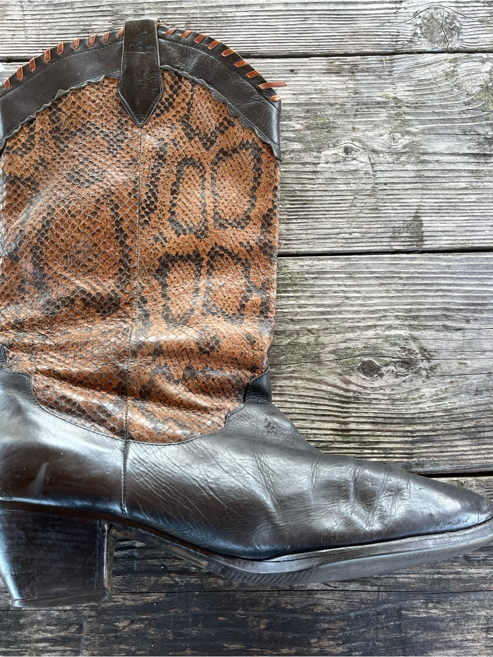 LADY STAR Western Snake-Print Leather Cowboy Boot - Brown & Black SZ 9